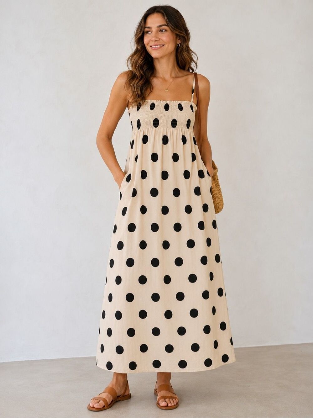 Things Between Polka Dot Smocked Maxi Dress Beige Black Linen Blend L